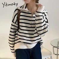 yitimoky spring autumn sweater women striped pullovers long sleeve turn down collar knitted fashion top 2021 new korean casual