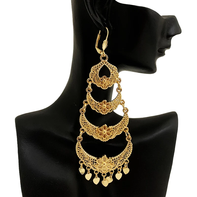 

New Elegant Crystal Long Drop Earrings For Women Moroccan Fashion Hollow Pattern Rhinestone Eardrop
