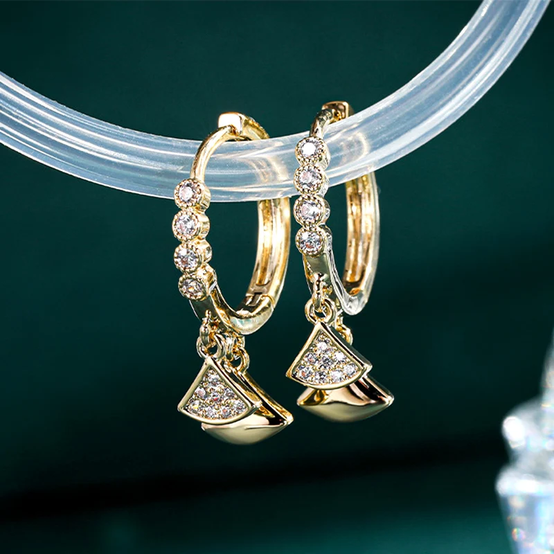 

New Popular Design 14K Real Gold Triangular Water Drop Design Hoop Earrings for Women Charm Jewelry Shiny Zirconia Party Gift