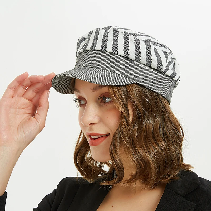 

[FEILEDIS] Gray striped military cap Fashion Hats for Women Flat Hats Army Salior Military Hat LR-01