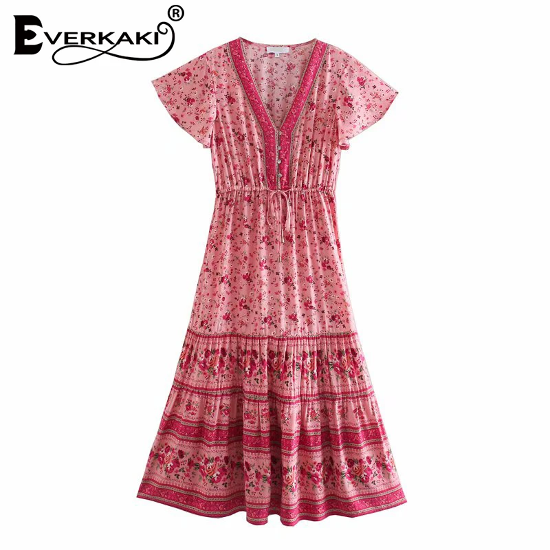 

Everkaki Ethnic Floral Print Maxi Dress Women Summer Vestidos with Belt Ladies Boho Long Dress Female 2021 Spring New Fashion