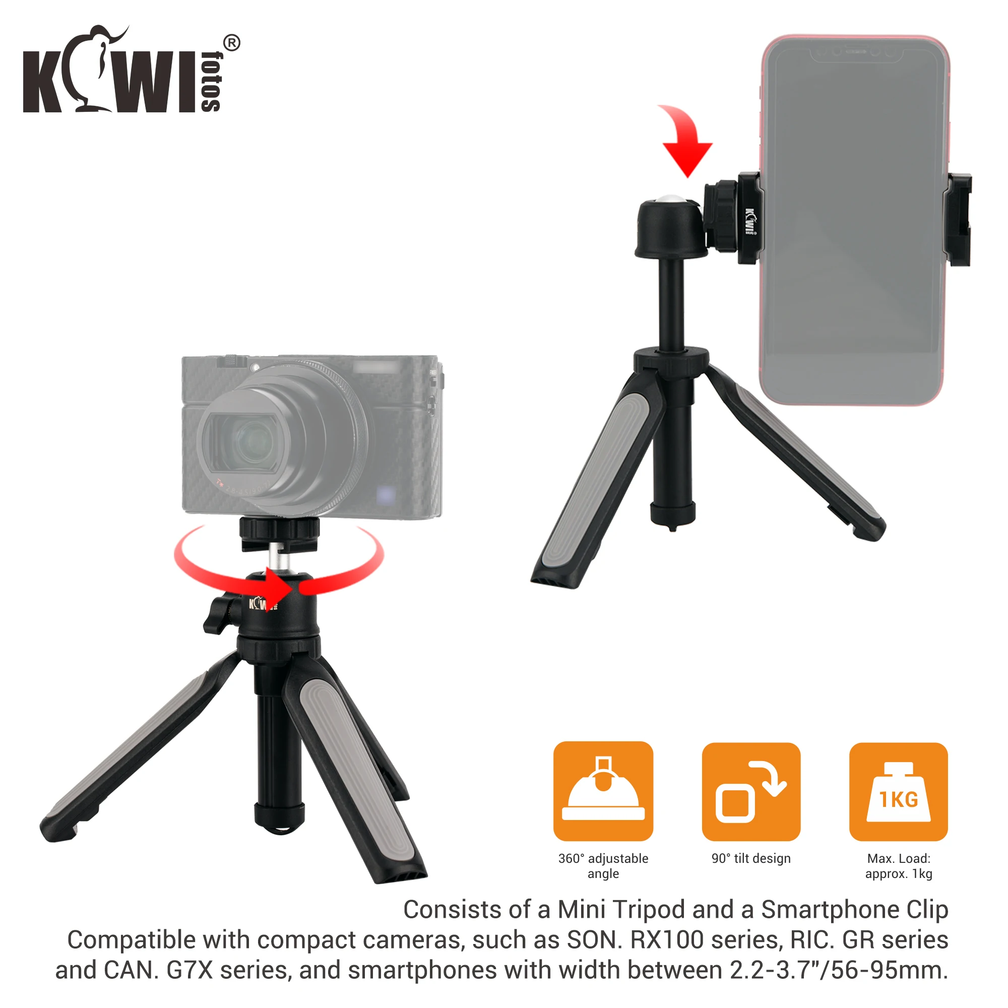 

Mini Tripod Smartphone Clip Selfie kit for Sony RX100 Canon G7X Series With Cold Shoe Mount and 1/4"-20 Screw Compact Cameras