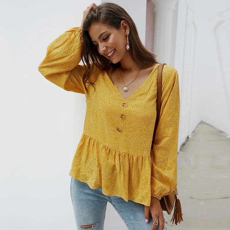 

Spring Summer Elegant Floral Print Blouse Women Cotton Full Sleeve Casual Ruffles V Neck Shirt Top 2021 New