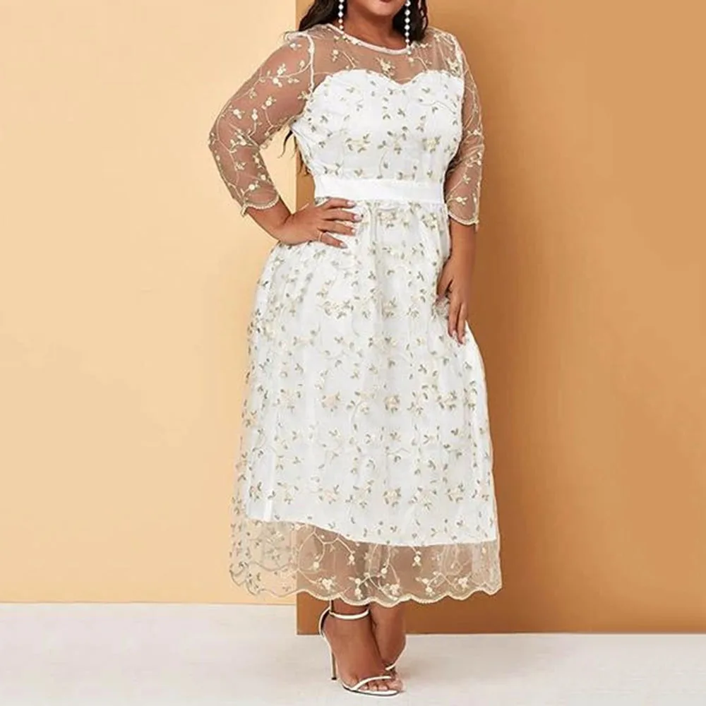 Женское прозрачное Сетчатое платье макси белое кружевное лоскутное большого