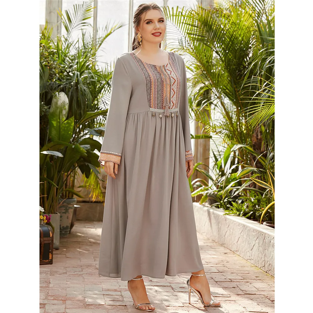

Spring Summer Long Dress Muslim Women O-neck Abaya Ethnic Vintage Solid Color Islamic Arabic Maxi Robe Ramadan Middle East Gown