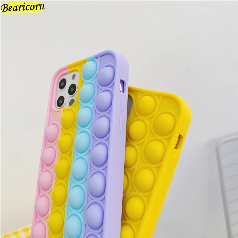 Pop Fidget Toys Push Bubble Silicone Beans Case For iPhone 6 6s 7 8 Plus X XR XS 11 12 Pro Max SE 2020 3D Rainbow Cartoon Cover
