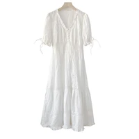 new korean fashion dress 2021 summer ladies v neck hollow out embroidery lace patchwork short sleeve mid calf length white dress