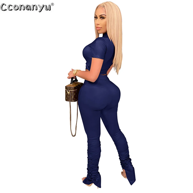 

Women Short Top And Stacked Pants 2 Piece Set Casual Sportswear Short Sleeve Hollow Out Top And Long Pant Tracksuits Sets