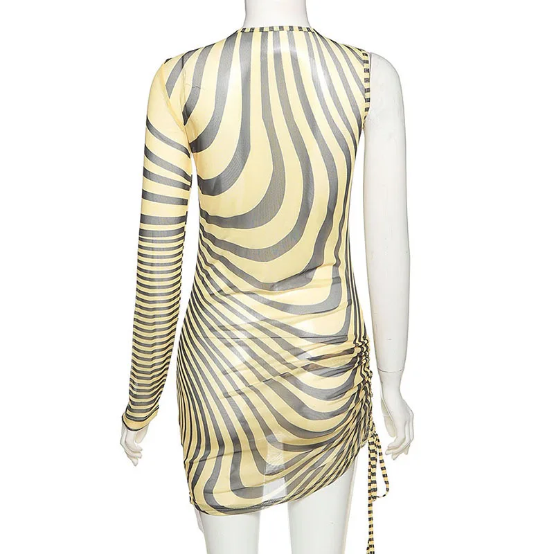 

2021 Summer Women's Street Wear Round Neck One-shoulder Printed Mesh Sexy Bag Hip Long Sleeve Dress with Stripes Bodycon Dress