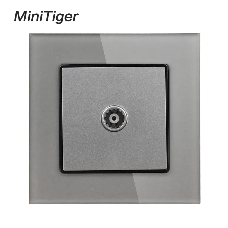 Minitiger Grey Luxury Crystal Glass Panel 1 Gang Female TV Jack Socket Wall Power Socket 86*86 mm