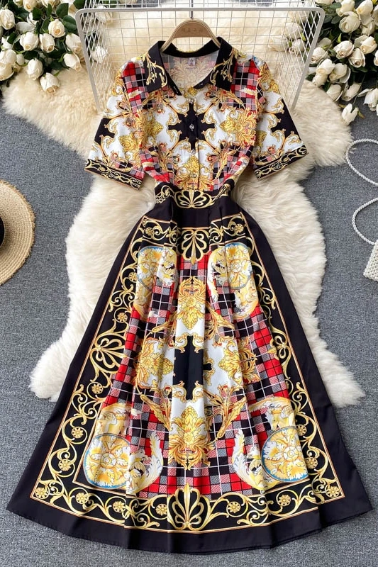 

Women's Elegant Palace Style Printed Short Sleeve Shirt Dress Summer Ladies Short Sleeve Streetwear Office Wear Vestidos 2021