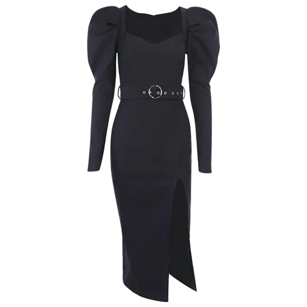 Женское платье с разрезом однотонное черное поясом длинными рукавами фонариками