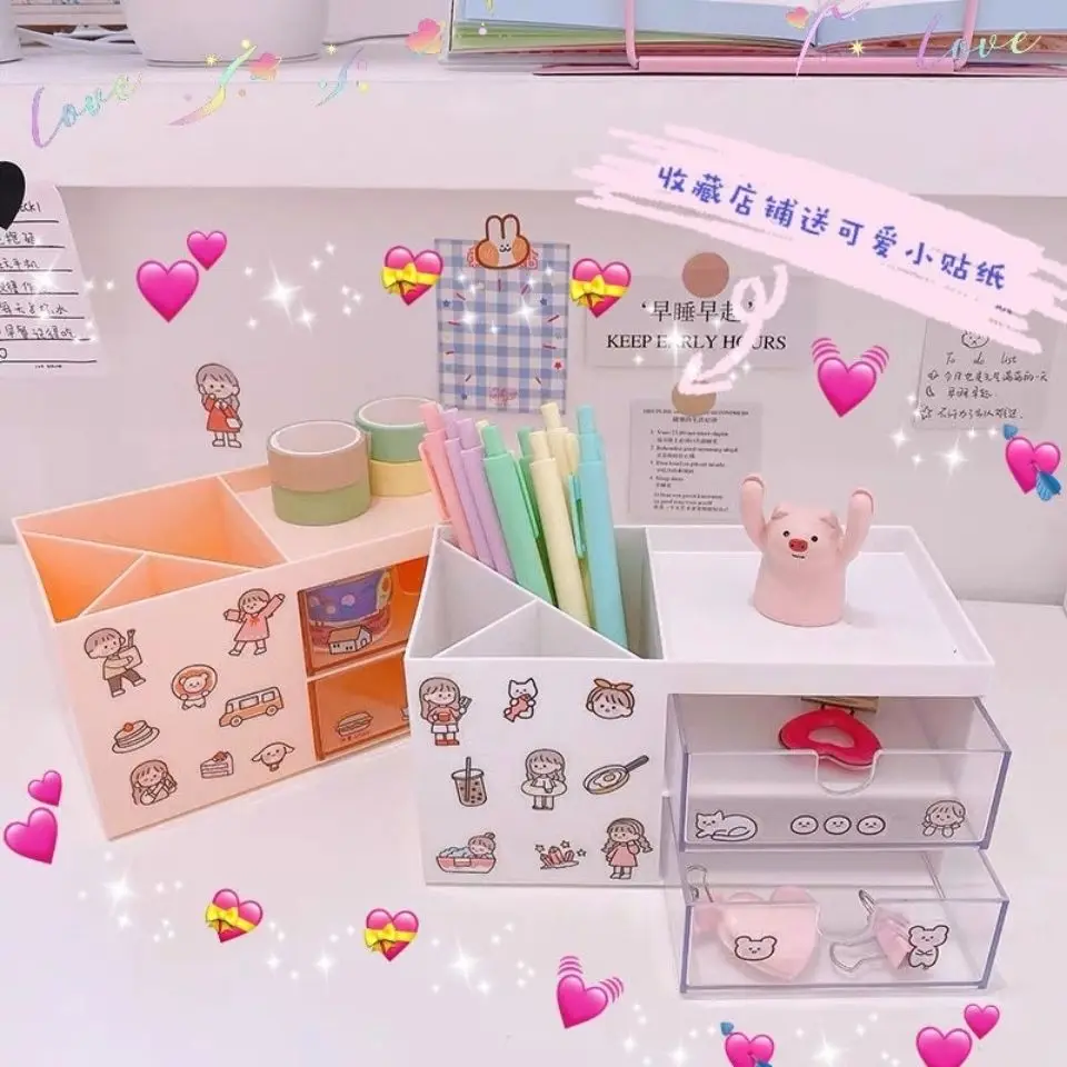 

2021 new Ins Kawaii Deskpot Organizer Makeup Storage Box Multi-layer Container Drawer Cabinet Rack Send Sticker Home Decor 2021