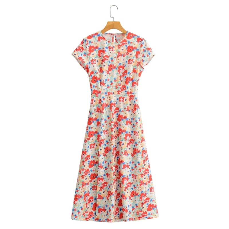 Женское платье миди с цветочным принтом свободное открытой спиной и разрезом