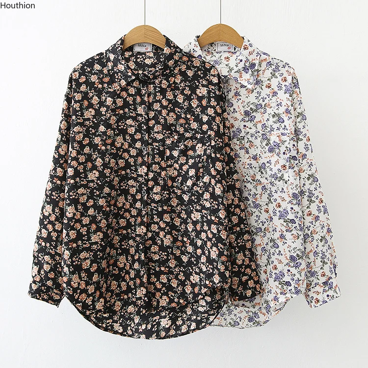 

Women's Blouses Chiffon Polo Shirts Casual Shirt Plus Size Loose Top Print Long Sleeve Summer Lady Blouse Print Tops Houthion