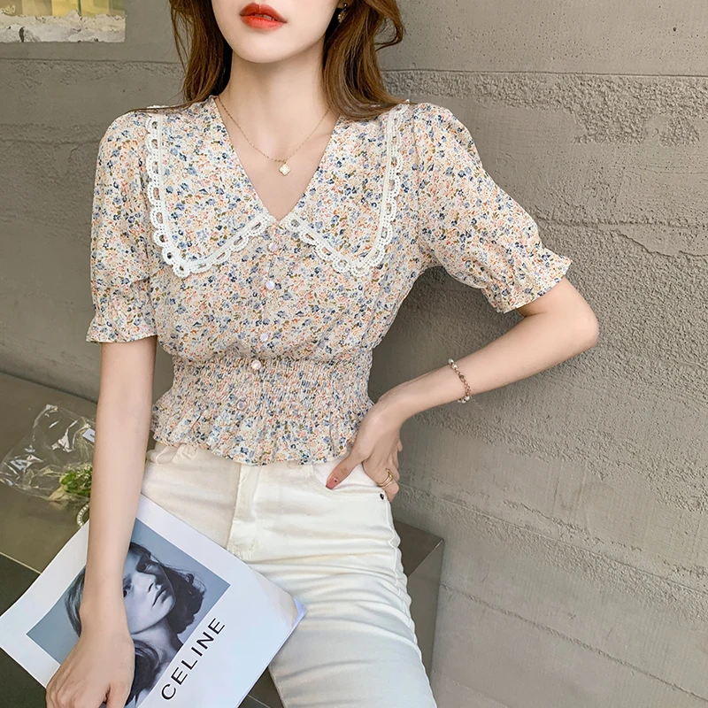 

Korean Office Lady High Street Prom 2021 Slim Summer Girls Sweet Femme Chic Floral Blouses New High Quality Short Shirts