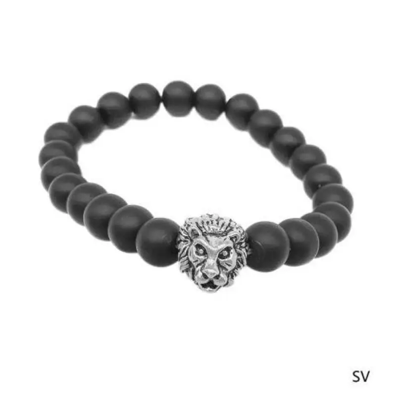 

Linfang Men Fashion Black Lava Stone Lion Beaded Cuff Charm Bangle Bracelet