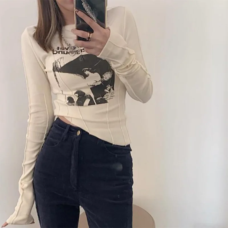 

Chic Top Women Print Stitching Sexy Short Slim Long-Sleeved Bottoming Shirt for Woman 2021 New Fashion Out Round Neck T-Shirt