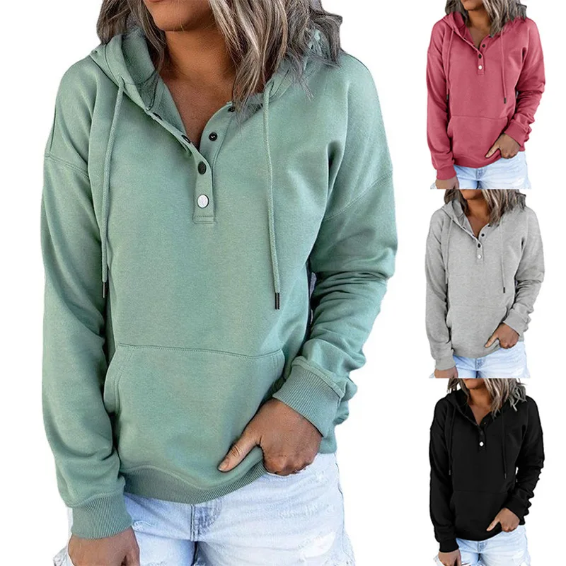 

2021 autumn and winter new European and American women's solid color David shirt half-open placket buttoned hooded loose top
