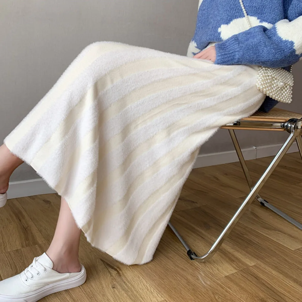 

Long Skirt A-line Knit 2020 New Stripe Elegent Autumn Winter Wear Fashion Casual Thicken Warm All Match High Waist Slim Fall