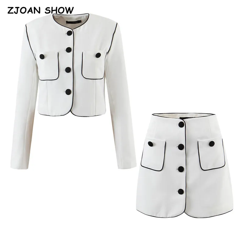 

2021 винтажный Белый Черный контрастный цвет укороченный пиджак с высокой талией на пуговицах мини-юбка с длинным рукавом комплект из 2 предм...