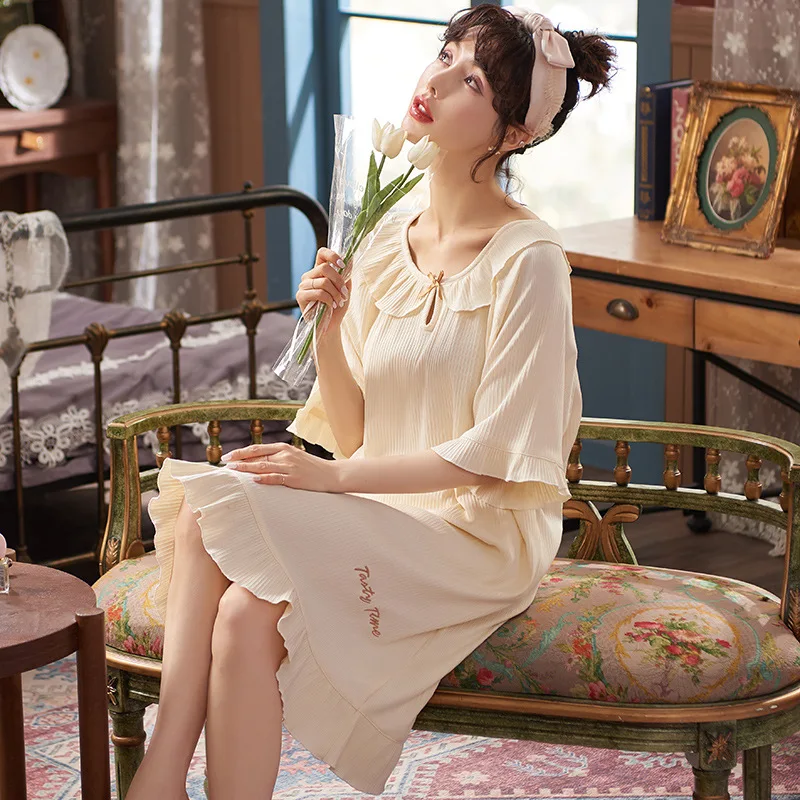 Nightdress Women's Summer New 2021 Pure Cotton Princess Style Court Style Spring Nightwear Short Sleeve Home Wear Sleepwear