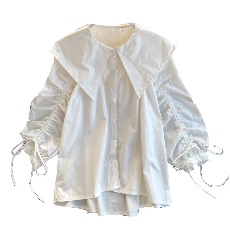 

Loose White Women Shirts Summer New Turn-Down Collar Solid Drawstring Lantern Sleeved Lady Elegant Outwear tops