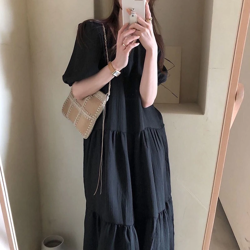 

Sister Fara V-Neck Summer Dresses for Women 2021 Short Puff Sleeve Solid Dress Folds Loose Waist Casual Pullover Women's Dress
