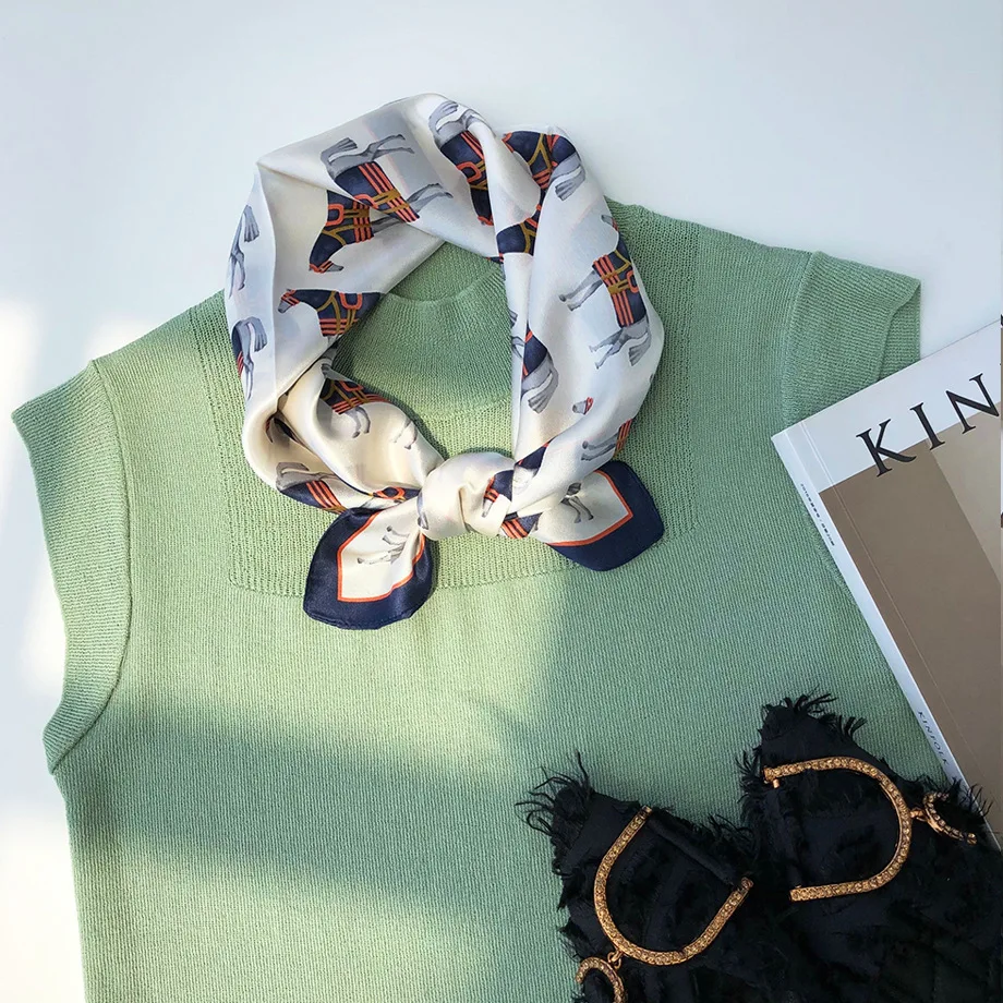 

2020 Women Neck Scarf Hijab Wraps 100% Pure Silk Square Brand Head Scarves Female Foulard Bandana Neckerchief Lady Shawls 53cm