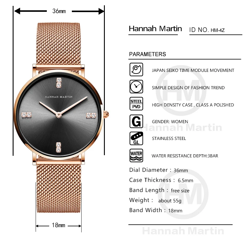 Женские наручные часы Hannah Martin простые романтичные цвета розового золота женские