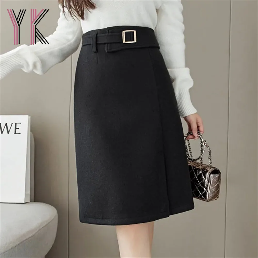 

Офисная Женская имитация ремня Desigual, Костюмные юбки, корейские однотонные юбки с Боковым Разрезом и высокой талией, элегантные прямые шерст...