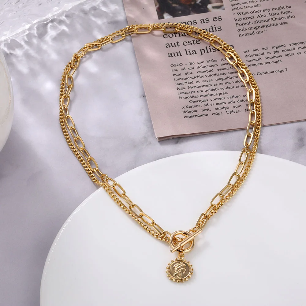 

Vintage Carved Coin Thick Chain OT Buckle Necklace Bohemian Punk Metal Coin Collar Choker Necklace Fashion Women Punk Jewelry