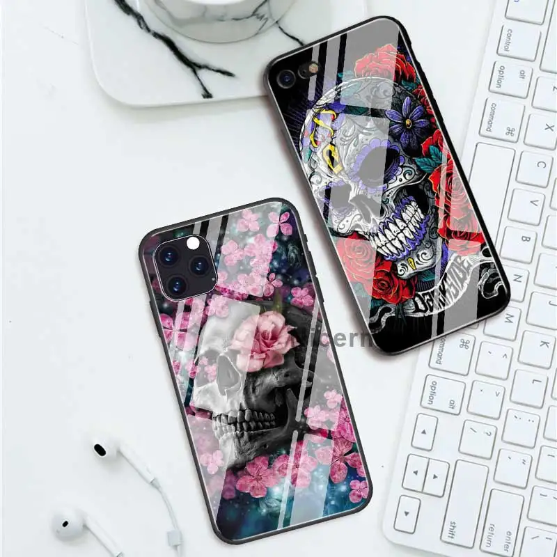

Retro Style Flower Skull Cases For iPhone 12 Mini 11 Pro X XS XR Max 7 8 Plus 6 6S SE 2020 Tempered Glass Phone Fundas Capa