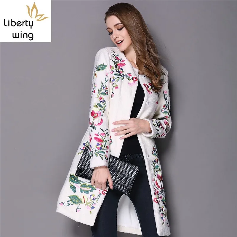 Женский Длинный Тренч с вышивкой в этническом стиле и цветочным узором