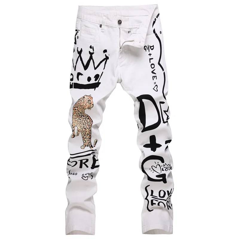 Джинсы мужские с леопардовым принтом узкие брюки из денима разноцветным