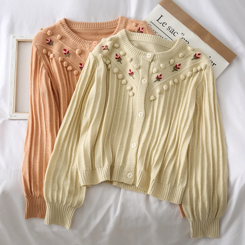 Ghost Horse Series Girl Stereo Embroidery Flower Soft Glutinous Stereo Ball Loose Lantern Sleeve Knitted Sweater Woman
