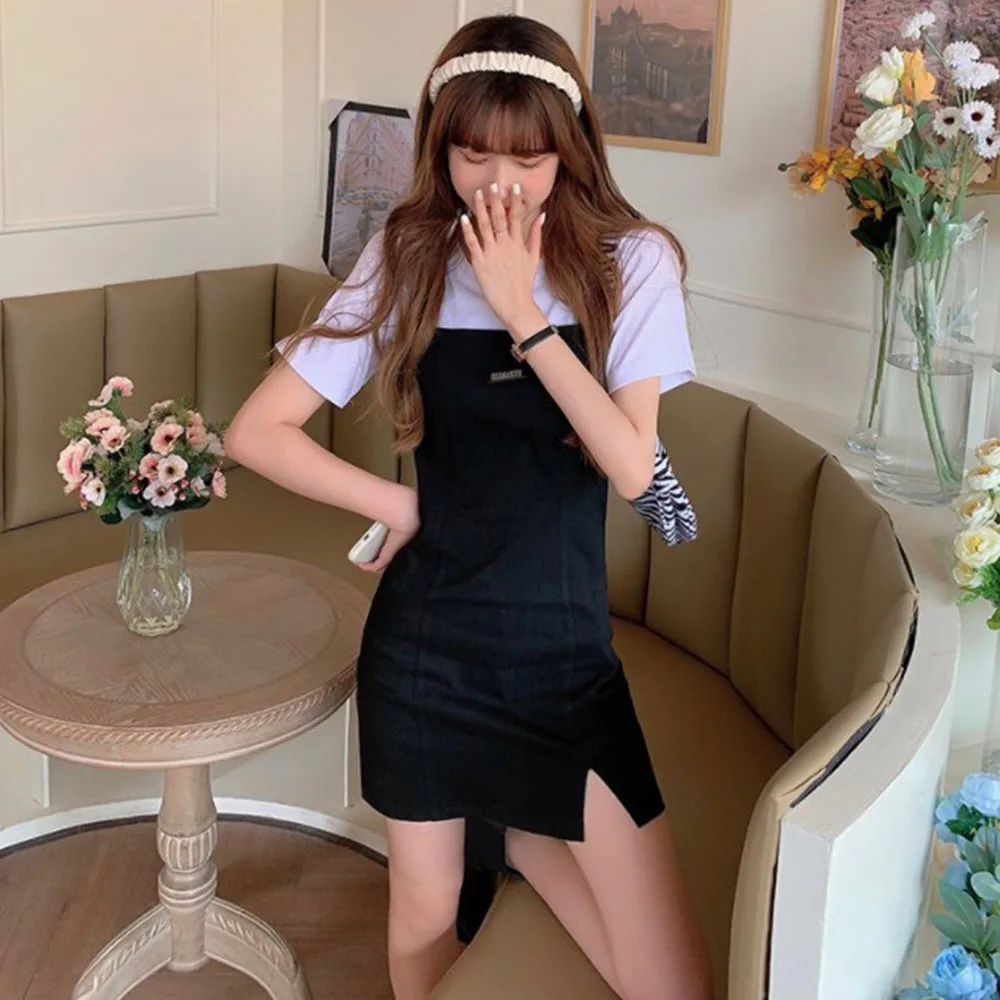 

Комплект из двух предметов для женщин, Короткое облегающее пикантное мини-платье, повседневная простая футболка, модные корейские Женские ...