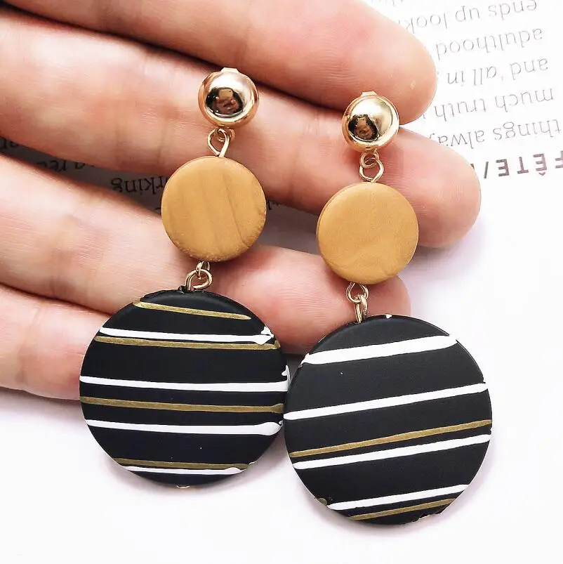 

Fashion Big Round Resin Earrings Jewelry New Painting Stripe Long Statement Geometric Gold Dangle Drop Earrings For Women Gifts