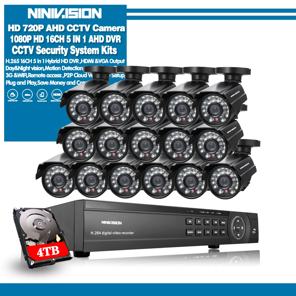 Камера видеонаблюдения NINIVISION HD камера 16 каналов 1080 пикселей DVR шт. AHD 720P HDMI 1080P