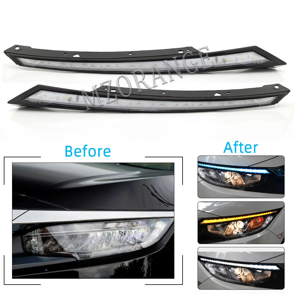 

LED DRL Headlight Flowing Eyebrow For Honda Civic 2016 2017 2018 2019 2020 Yellow Signal dynamic Daytime Running Light