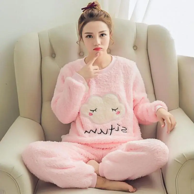 2pcs Autumn Winter Women Thin Flannel Women Pajama Set Pullover Thick Coral Velvet Long Sleeve Cartoon Homewear Dropshipping