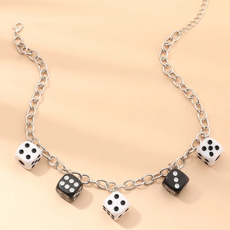 Fashion Funny Black White Dice Pendant Necklaces For Women  Cool Girl Statement Geometric Clavicle Chain Necklace Jewelry Gifts