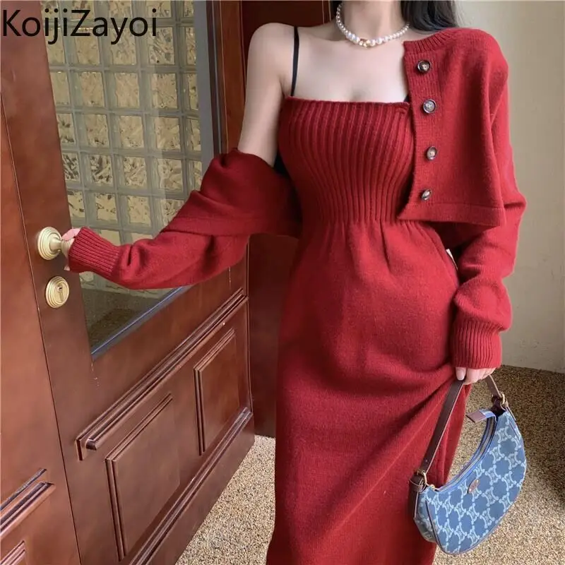 

Koijizayoi Autumn Winter Women Fashion Two Pieces Set Solid Office Lady Autumn Winter Knitted Suit Chic Crop Cardigan Long Dress