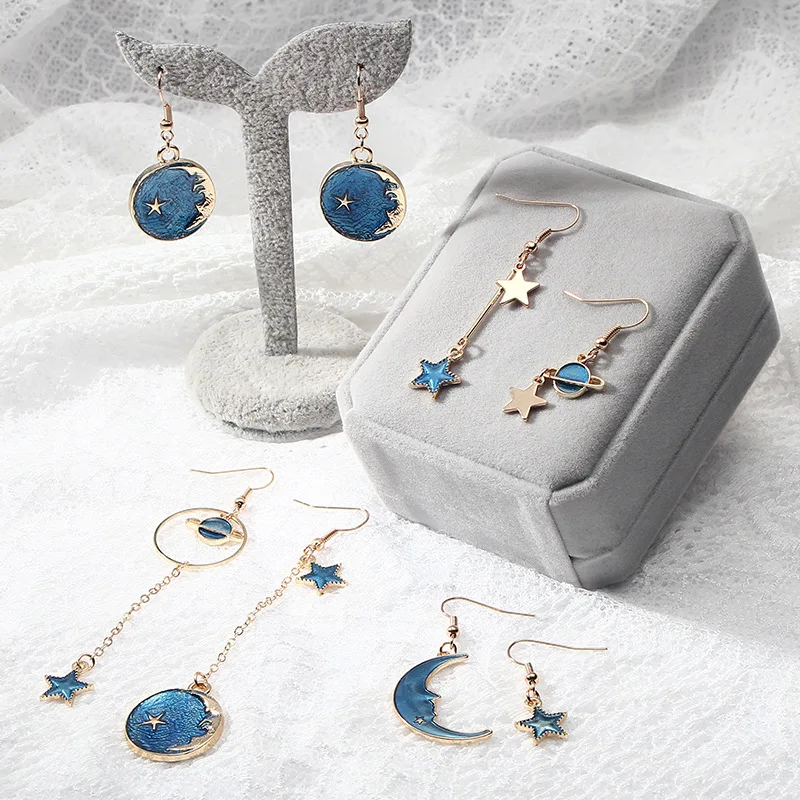 

Korean Fashion Blue Metal Unusual Earrings Cute Moon Star Spacecraft Pendants Hanging Earring Eholesale Lots