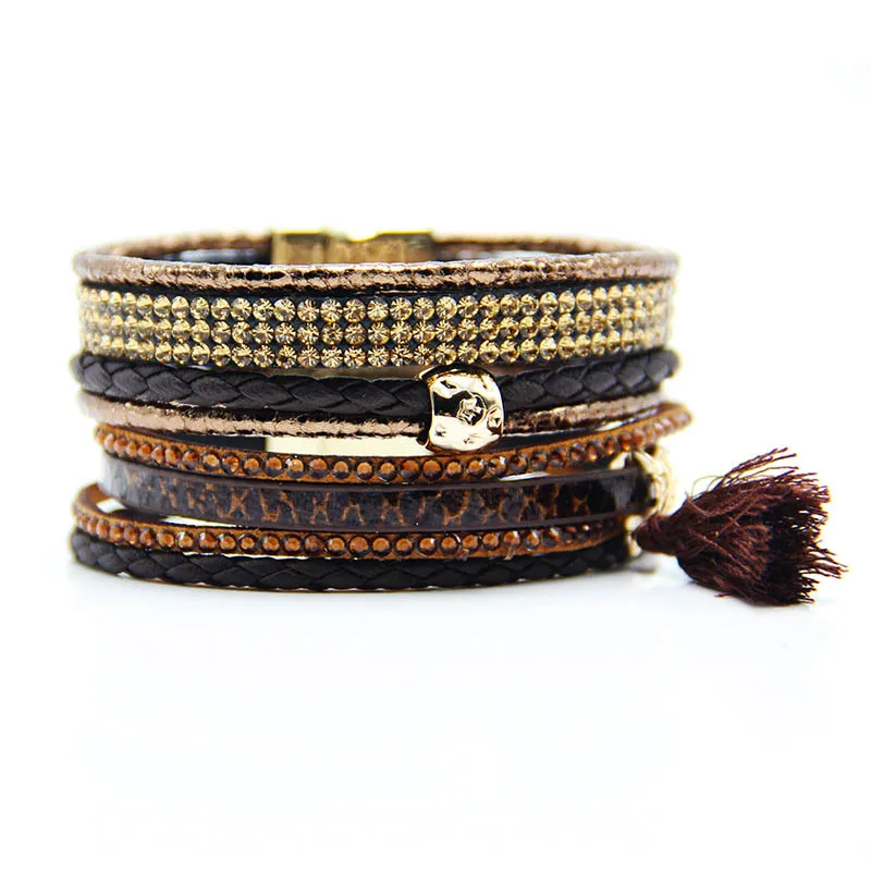 

2020 New Handmade Boho Style Multilayer Leather Wrap Bracelet with Tassel Rhinestone Crystal Magnetic Clasps Bracelets for Women