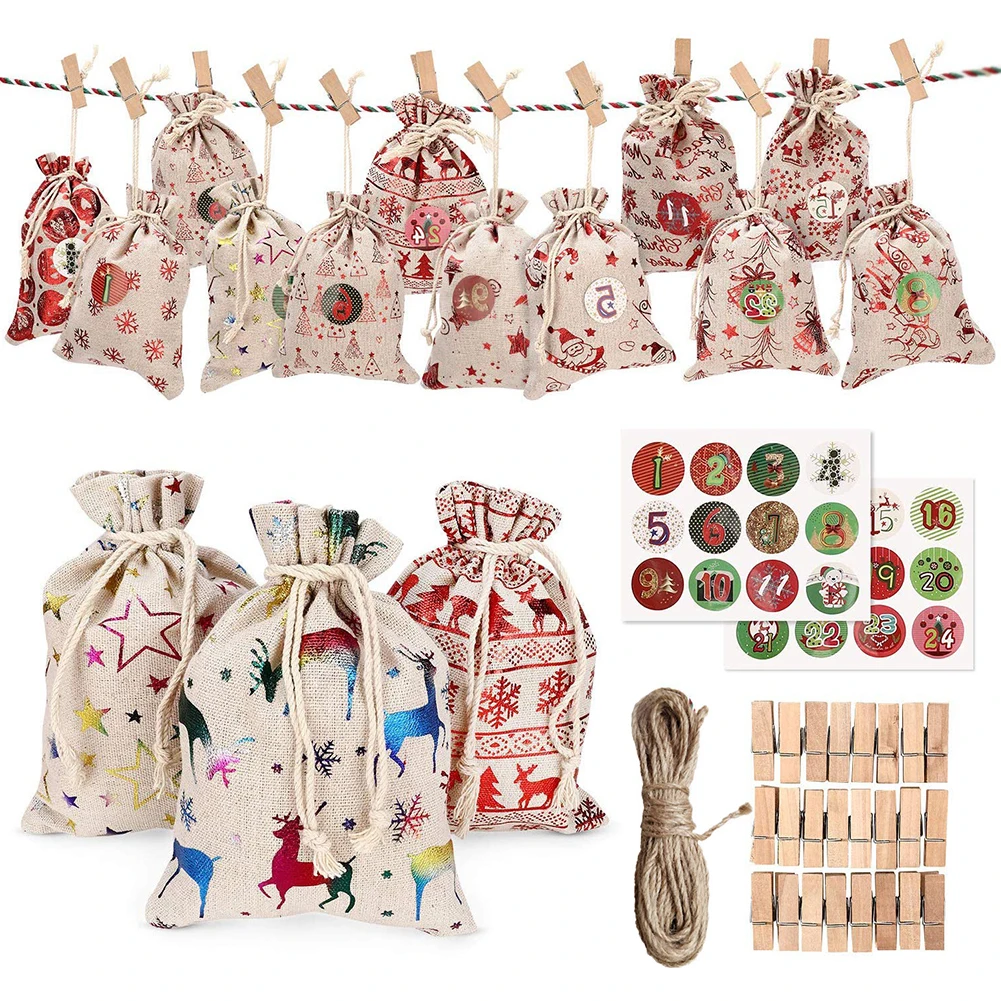 

24pcs Advent Christmas Calendar Filling Candy Linen Bags Gift Bags Yellow Linen 2022 New Year Christmas Tree Decoration