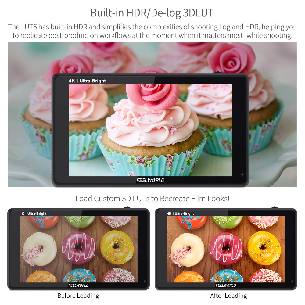 Kaufen FEELWORLD LUT6 6 Zoll IPS 2600nits 3D LUT HDR Touchscreen Kamera Feld Monitor Mit Wellenform Vector Umfang Für DSLR Kameras