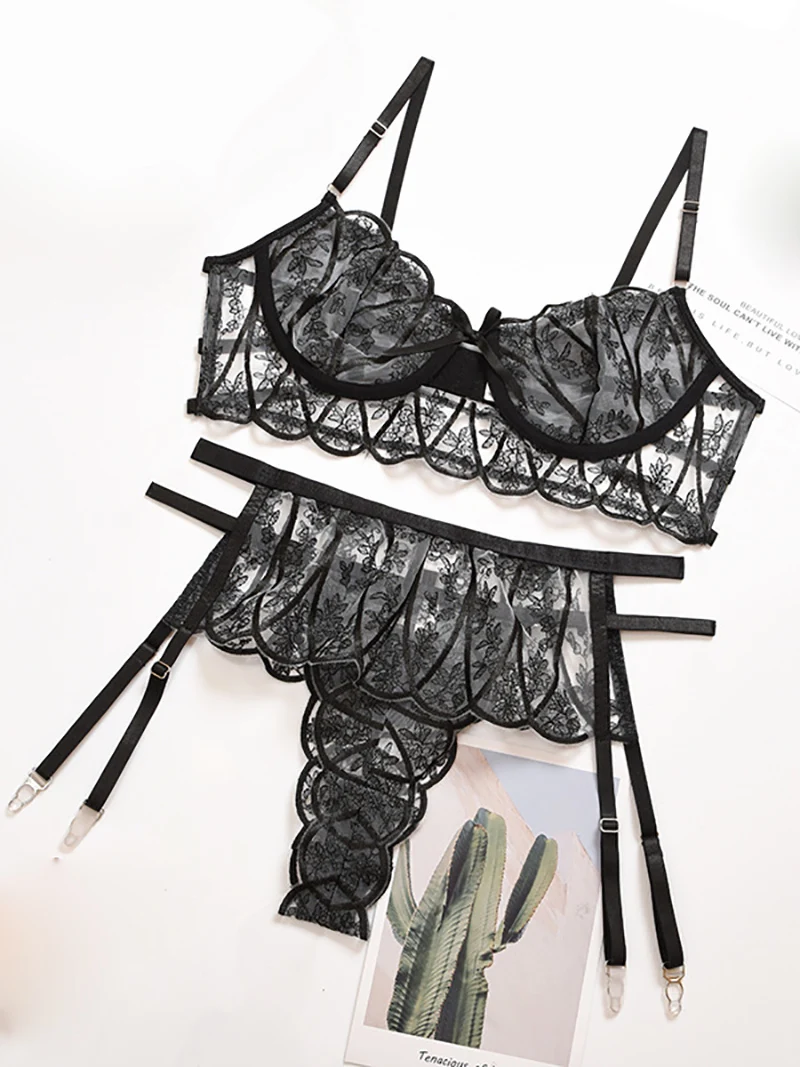 

Z0461 Best quality Fashion Sytle Embroidery binding bow women transparent sexy underwear with garters