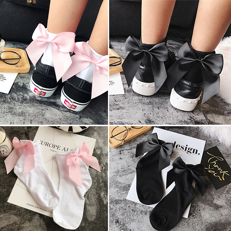 Women's Lovely Candy Color Pure Cotton Bow Socks Casual Comfortable Female Solid Color Short Socks Cute Ladies Big Bow Socks