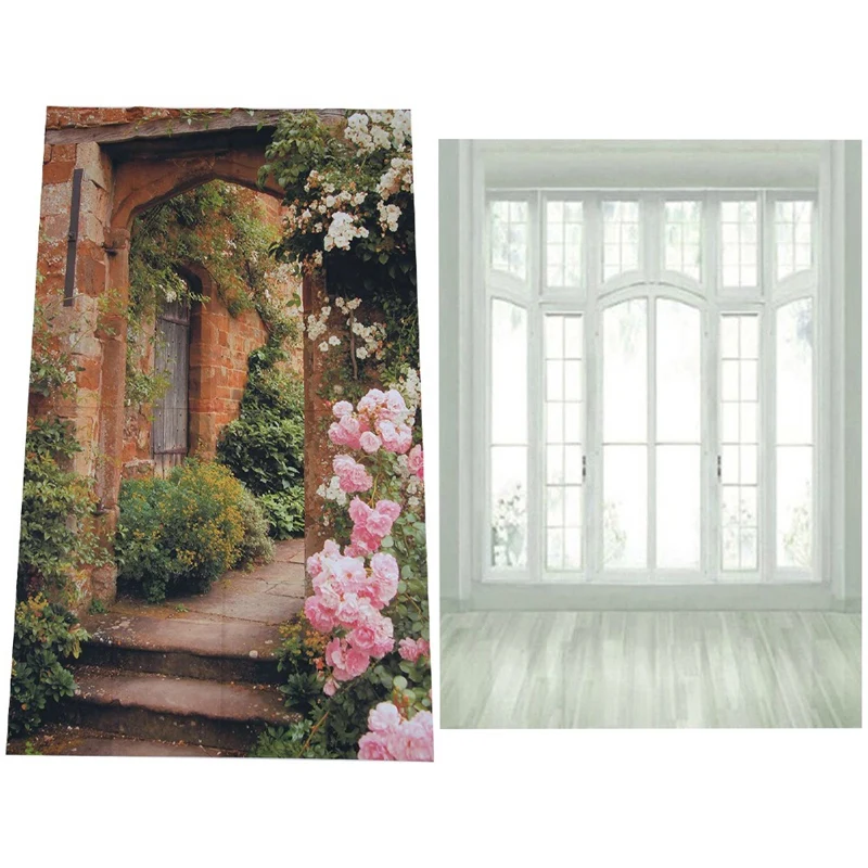 

2Pcs 3X5ft Art Photography Backdrop Studio - European Window Floor White & Pink Rose Brick Arch Door Background